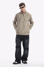 Half Zipper Pullover- Imported Velvet Fabric - Sage Green - Regular Fit