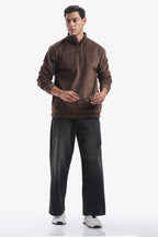 Half Zipper Pullover- Imported Velvet Fabric - Suede Brown - Regular Fit