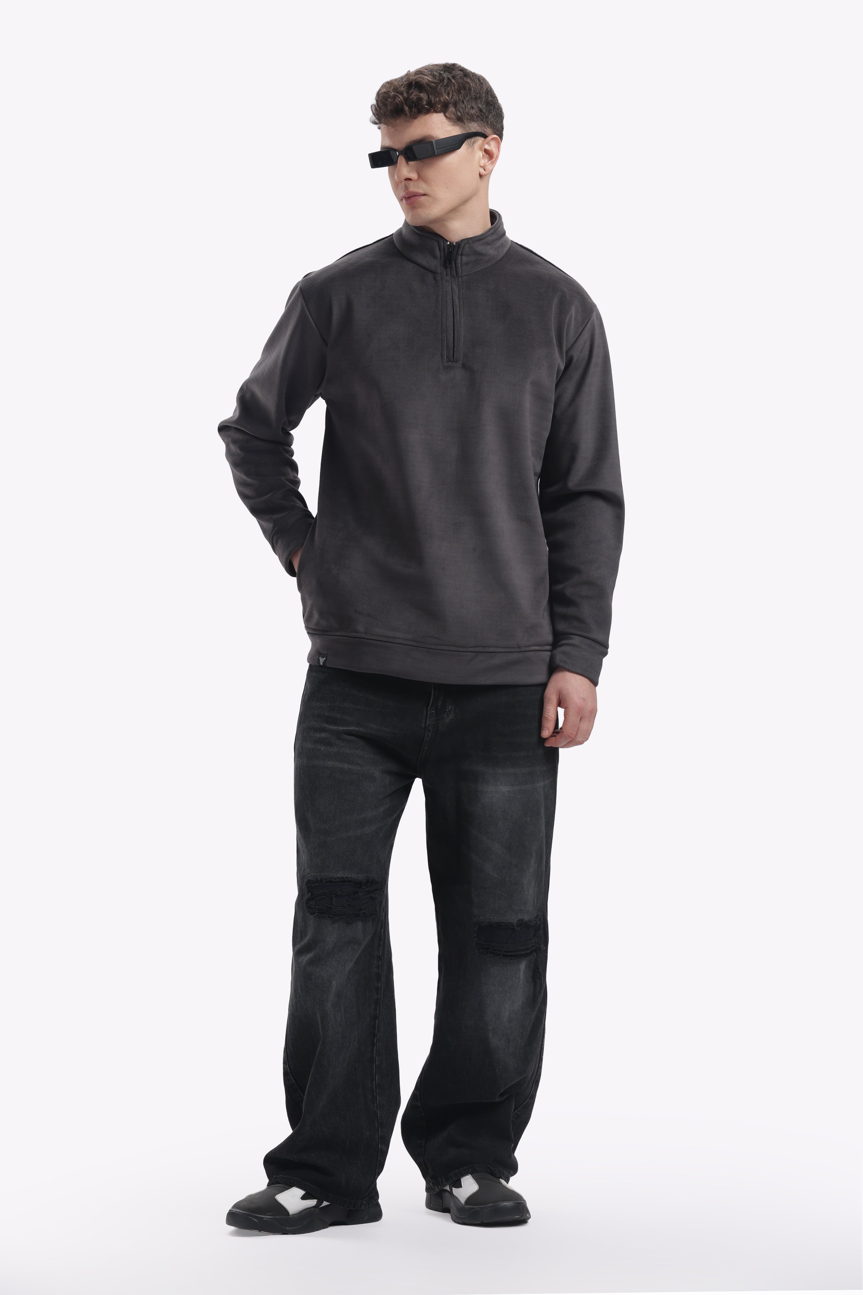 Half Zipper Pullover - Imported Velvet Fabric - Grey - Regular Fit