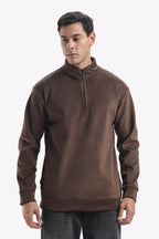 Half Zipper Pullover- Imported Velvet Fabric - Suede Brown - Regular Fit