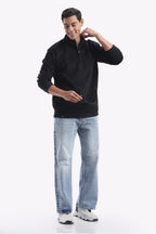 Half Zipper Pullover - Imported Velvet Fabric - Black - Regular Fit