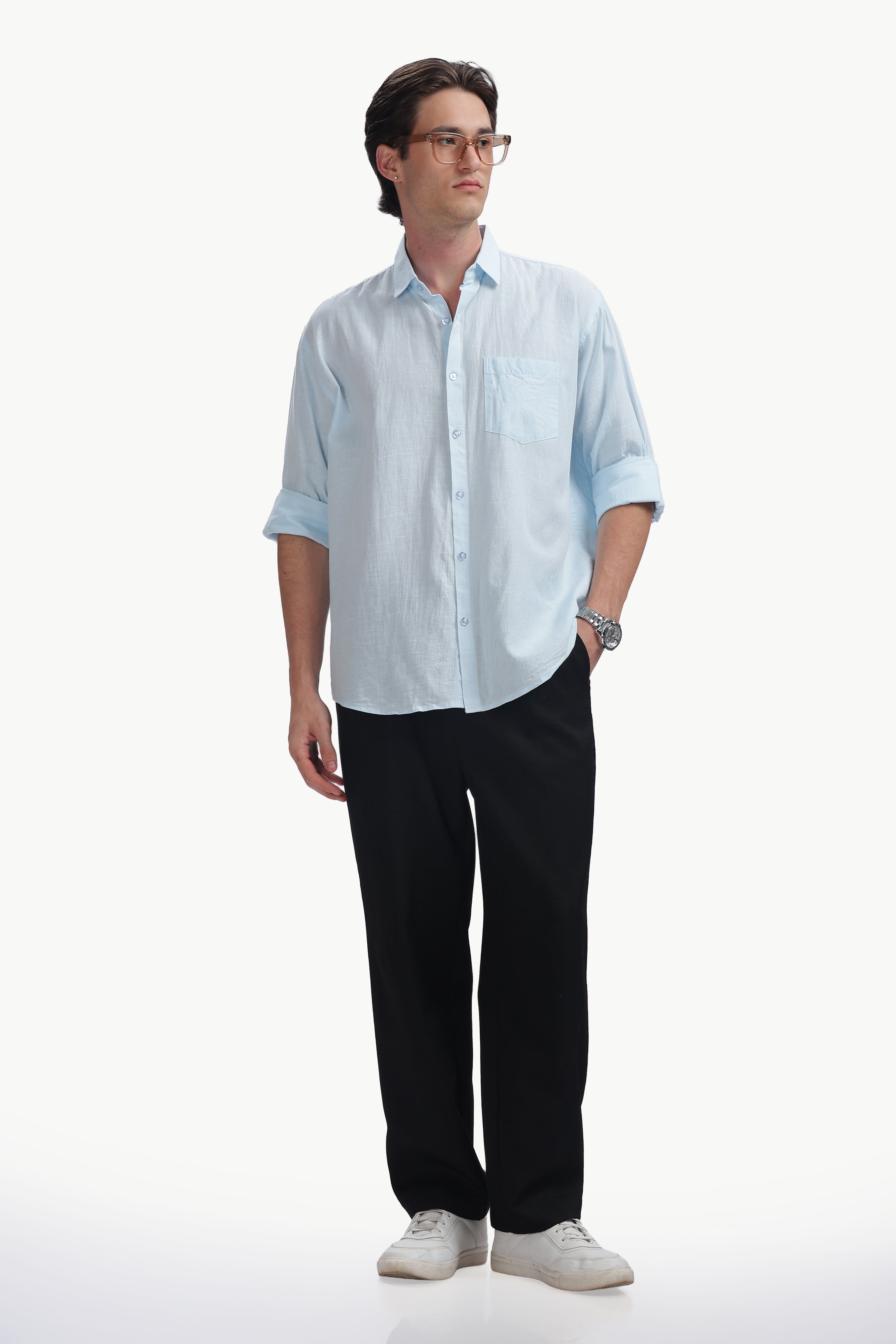 Cotton Linen Relaxed Fit Shirt (Sky Blue)