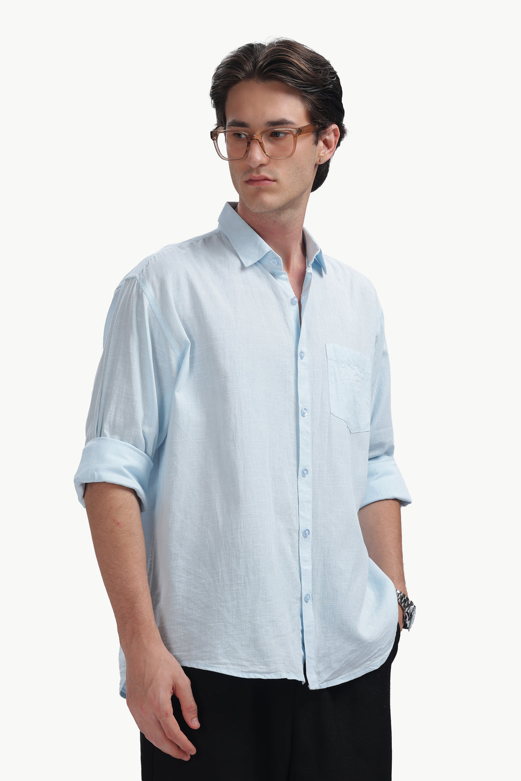 Cotton Linen Relaxed Fit Shirt (Sky Blue)