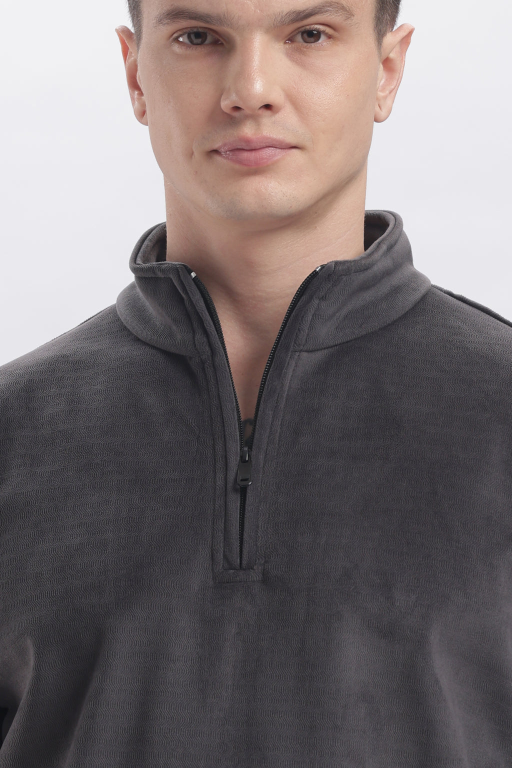 Half Zipper Pullover - Imported Velvet Fabric - Grey - Regular Fit