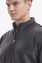 Half Zipper Pullover - Imported Velvet Fabric - Grey - Regular Fit