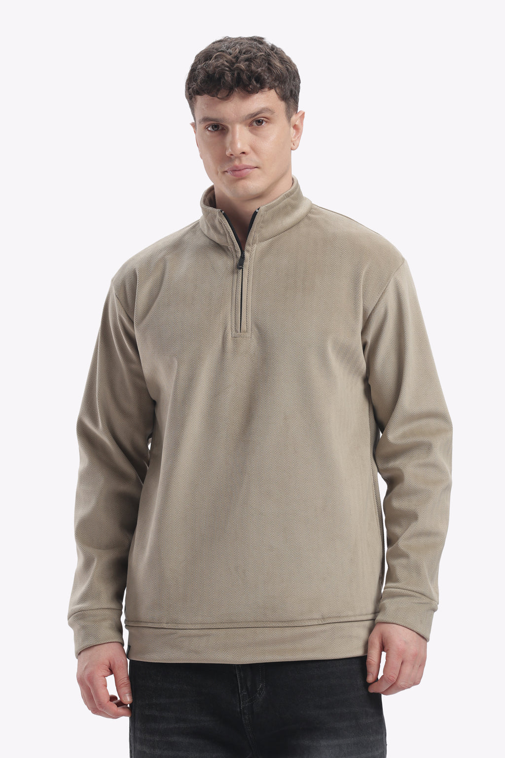 Half Zipper Pullover- Imported Velvet Fabric - Sage Green - Regular Fit