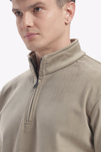 Half Zipper Pullover- Imported Velvet Fabric - Sage Green - Regular Fit