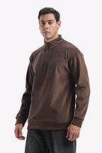 Half Zipper Pullover- Imported Velvet Fabric - Suede Brown - Regular Fit
