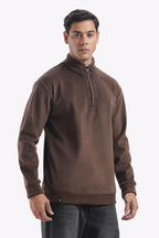 Half Zipper Pullover- Imported Velvet Fabric - Suede Brown - Regular Fit
