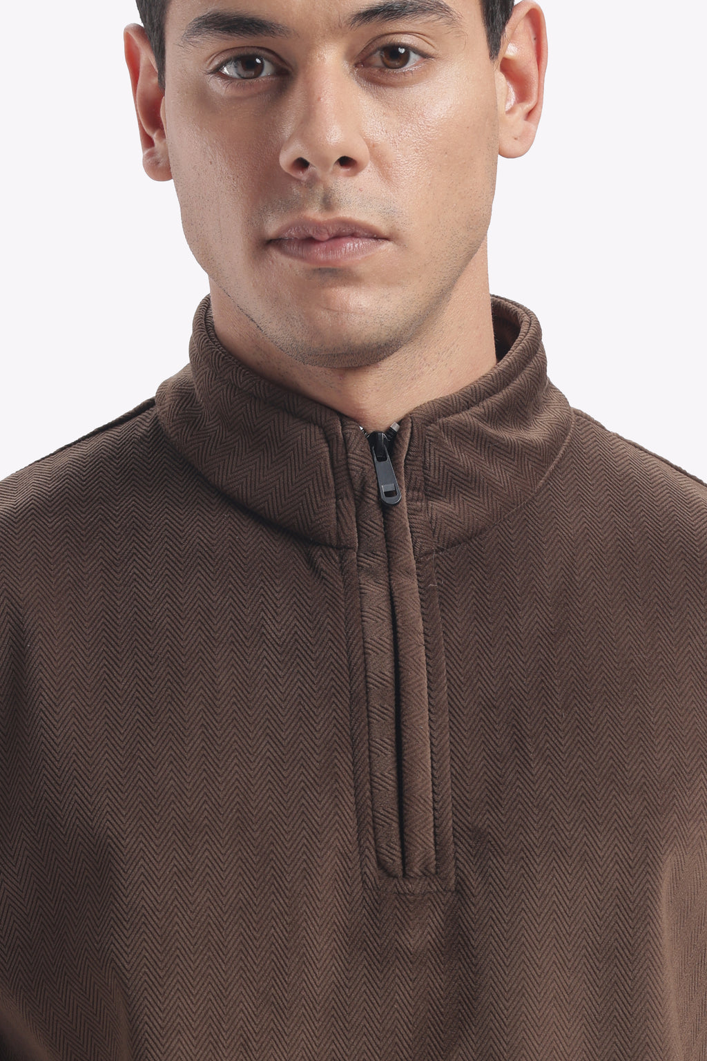Half Zipper Pullover- Imported Velvet Fabric - Suede Brown - Regular Fit