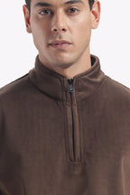 Half Zipper Pullover- Imported Velvet Fabric - Suede Brown - Regular Fit