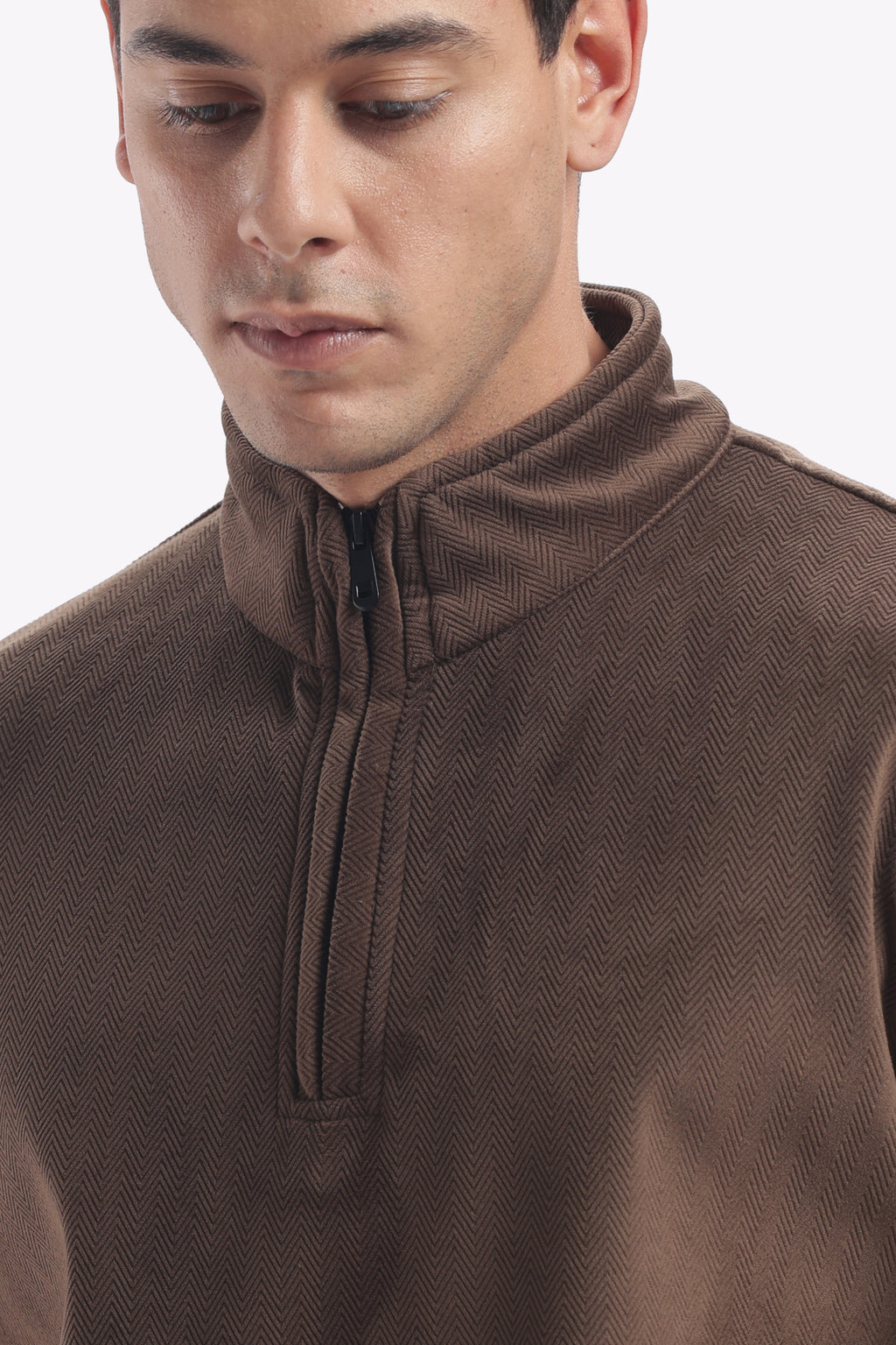 Half Zipper Pullover- Imported Velvet Fabric - Suede Brown - Regular Fit