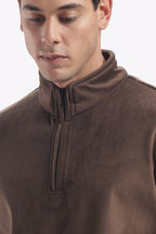 Half Zipper Pullover- Imported Velvet Fabric - Suede Brown - Regular Fit