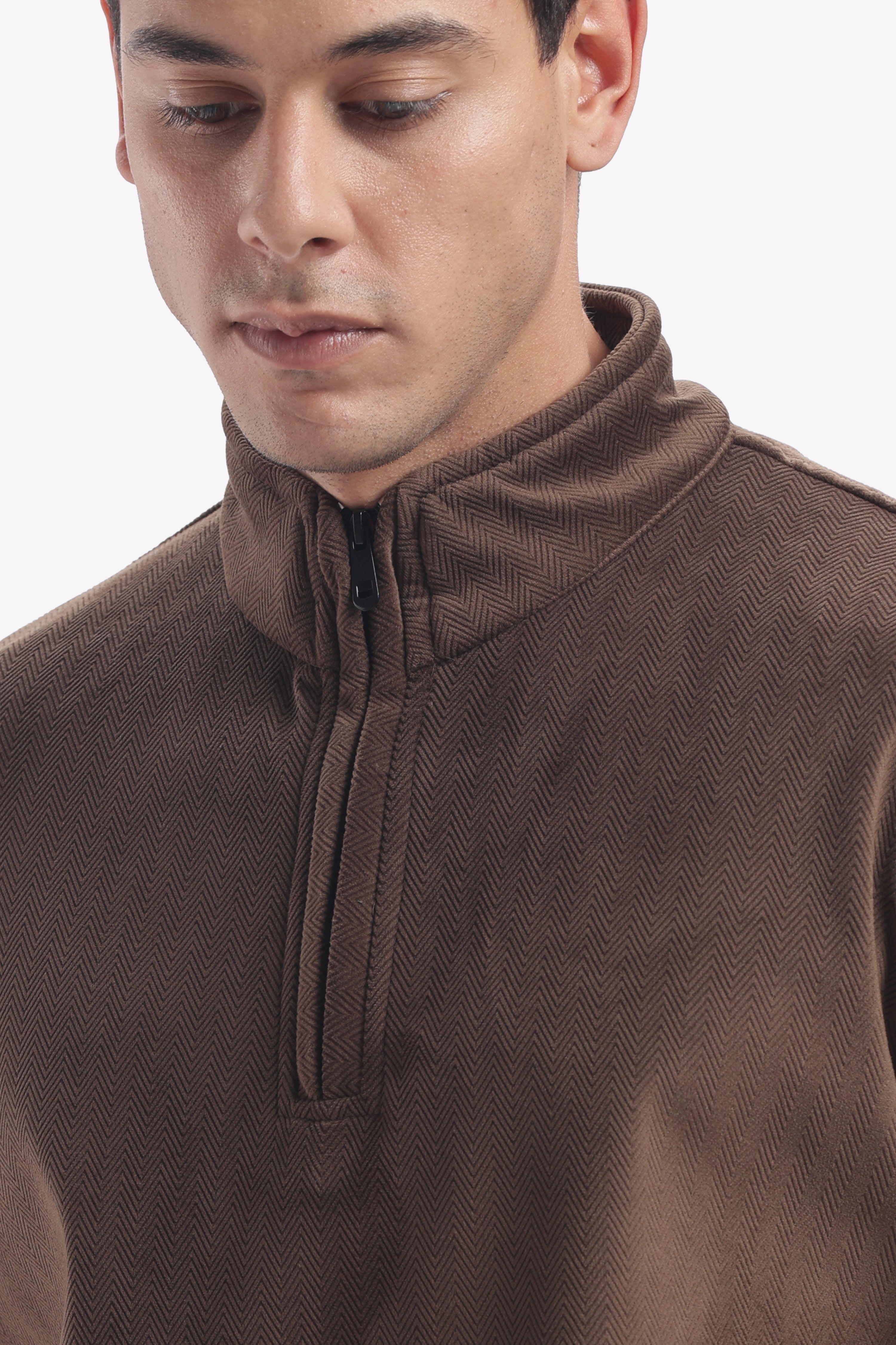 Half Zipper Pullover- Imported Velvet Fabric - Suede Brown - Regular Fit