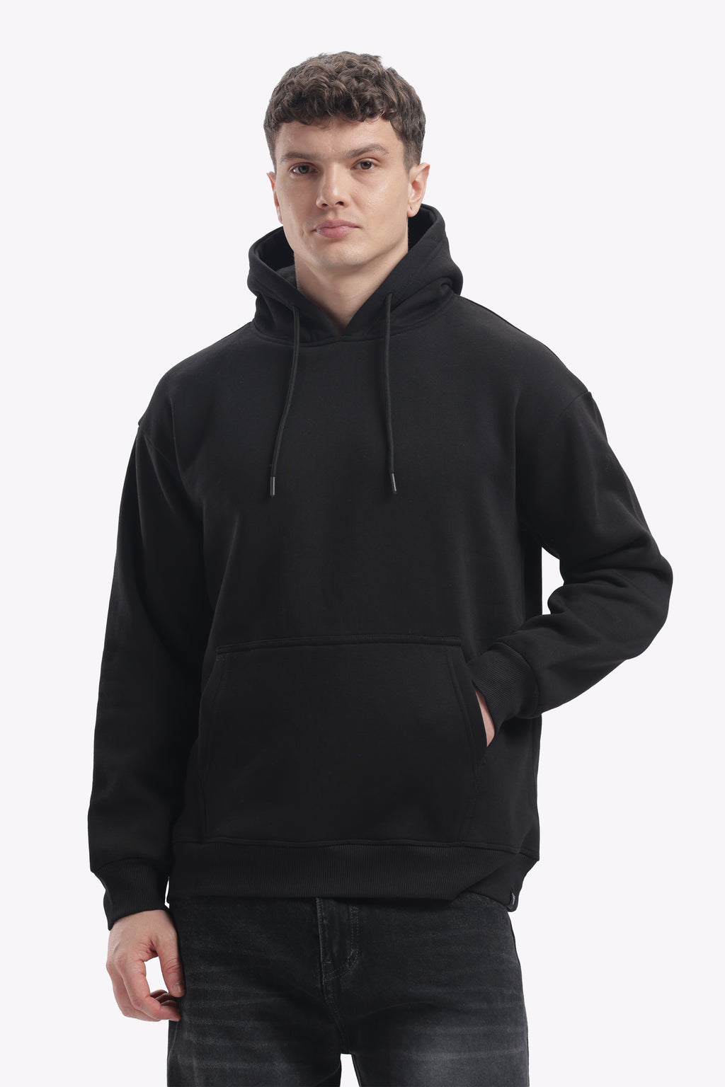 Hoodie - 100% Cotton Fleece - Dropshoulder - Black