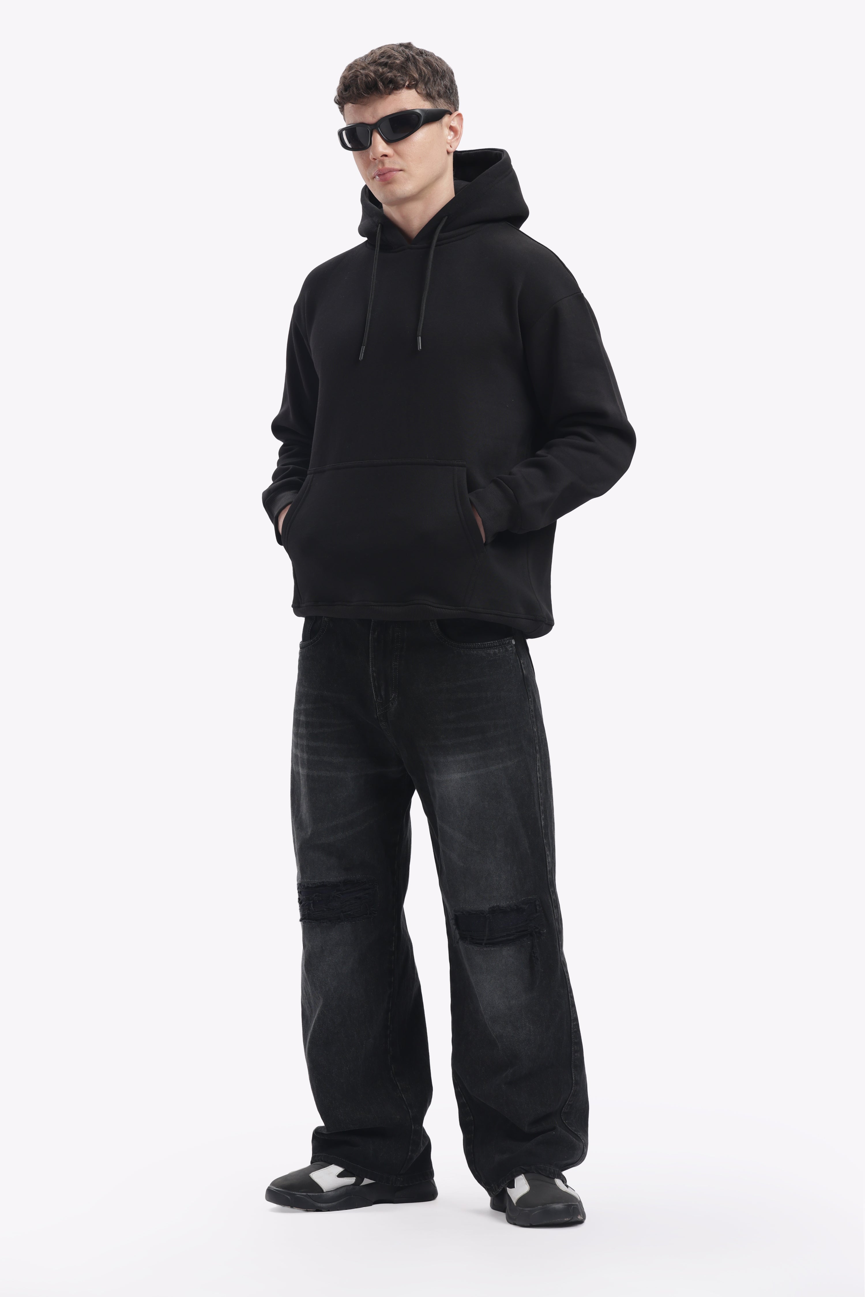 Hoodie - 100% Cotton Fleece - Dropshoulder - Black